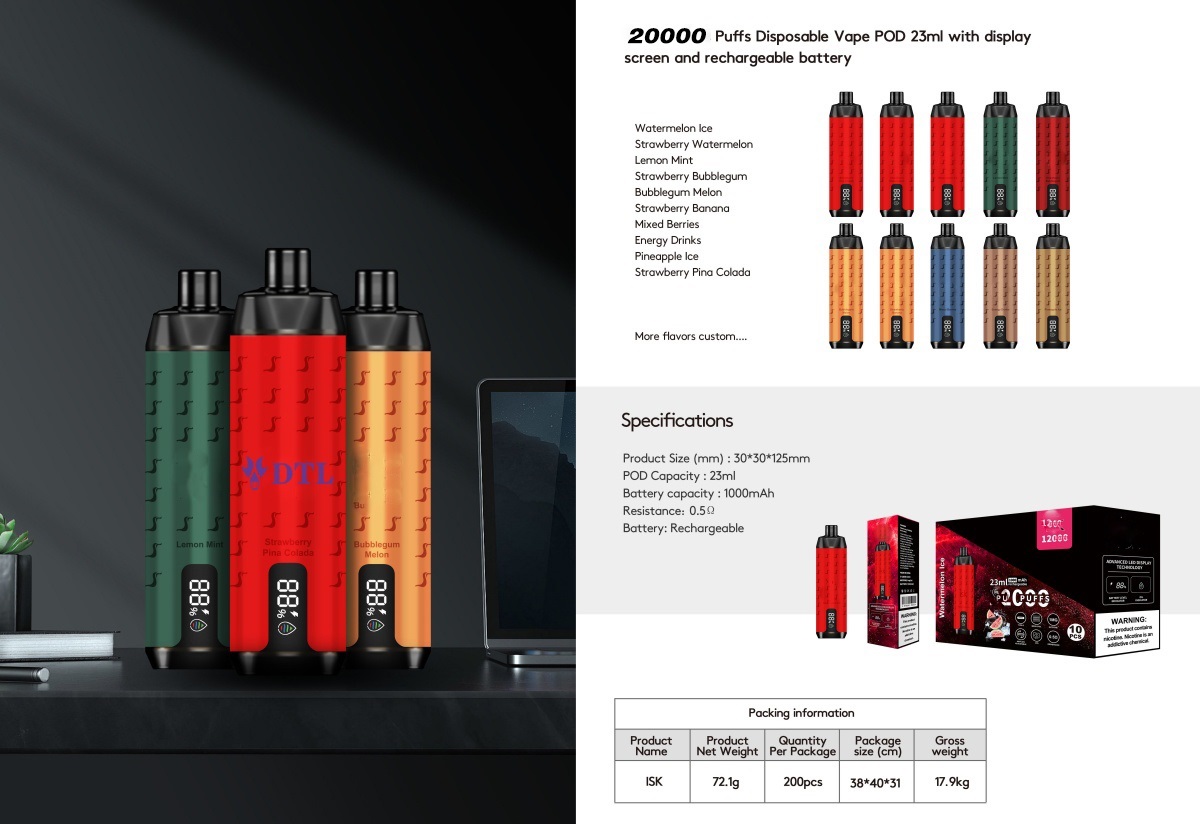 20000 Puffs DL/DTL Engangs e-cigaret Disposable Vape POD E-shisha/vandpibe med skærm, luftstrømskontrol og genopladelig 